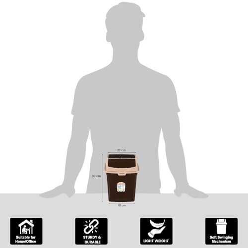 Image of COMET Plastics Dustbin With Swing Lid (6L) | Set Of 2 | Desktop Trash Can For Home, Office etc.|Strong and Durable Virgin Plastic Dustbin| 23cm x 18cm x 30cm |Brown