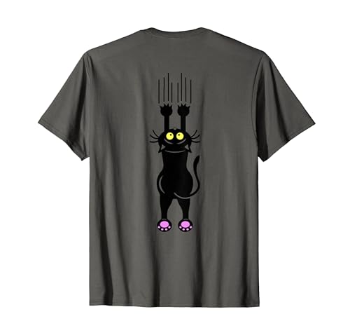 Funny Black Cat Hanging from Claws Graphic Design on Back T-Shirt