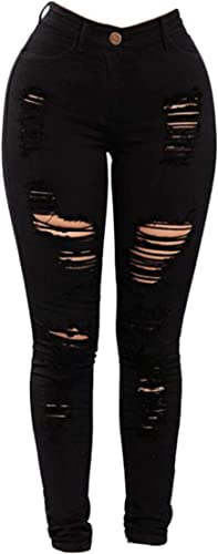 Women's Stretchy Ripped Hole Skinny Jeans Distressed High Rise Slim Fit Denim Pants Trouser Butt Lifting Distressed Pant (Small,Black)