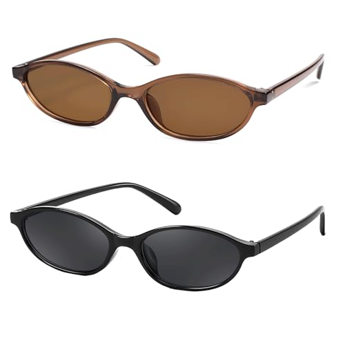 2 Pack Retro Oval Sunglasses for Women,90s Chic Cat Eye Lightweight Trendy UV protection Sun Glasses for Womens
