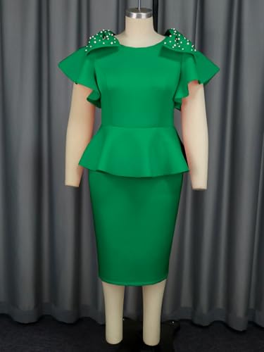 Image of ONTINVA Women's Plus Size Pencil Dress Bowtie Beaded Ruffle Flared Sleeves Wedding Guest Dress Wear to Work Dresses