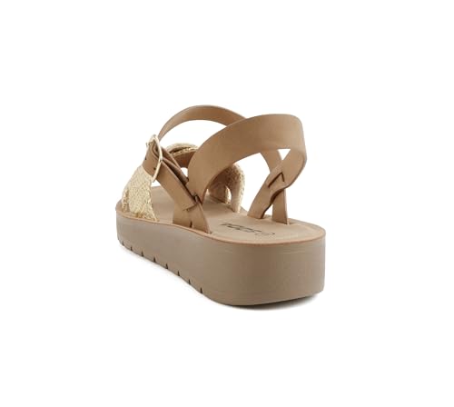 Image of Soda CHESTER ~ Women Flat Sandals Flatform Ankle Buckle Criss Cross Band Straps Sandals Shoes (Gold Raffia, 5.5)