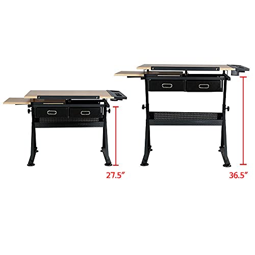 Yaheetech Height Adjustable Drafting Table Drawing Table Artist Desk Tilting Tabletop Art Craft Desk Watercolor Paintings Sketching Work Station W/2 Storage Drawers And Stool For Home Office #TOP3