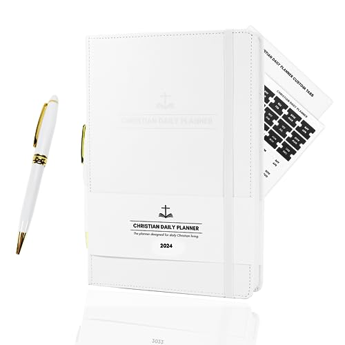2024 Christian Daily Planner WHITE 7" x 10" Monthly and Weekly Planner, Journal & Church Companion w/Quality Metal Pen, Thick NO Bleed Paper, Bookmark Tabs, Pen Holder, Storage Box and More!