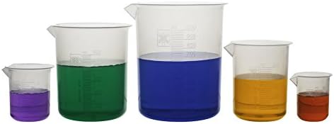 5 Piece Premium Laboratory Plastic Beaker Set, Made of High Clarity Polypropylene with Raised Graduations, 50 mL, 100 mL, 250 mL, 500 mL, and 1000 mL (Autoclavable)