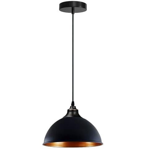 LEDSone Black Inner Gold Vintage Dome Shape 21cm Pendant Light Shade Industrial Hanging Ceiling Lighting with Bulb Ideal for Dining Room Bar Clubs & Restaurants