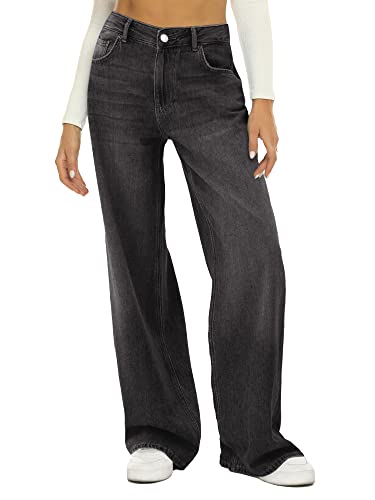 HDLTE Jean ample déchiré taille haute pour femme, noir, Taille L