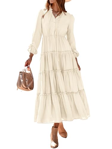 MASCOMODA Fall Long Sleeve Maxi Dresses for Women 2025 Casual Boho Button Ruffle Neck Tiered A Line Flowy Wedding Guest Dress(Beige,Large)