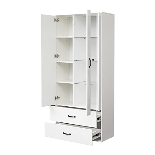 Yoluckea Modern Led Bookcase Storage Cabinet With 3 Glass Shelves And 2 Drawers, 72" Tall Curio Cabinet Collection Display Cabinet Side Cabinet For Living Room, Hallway, Office #TOP3