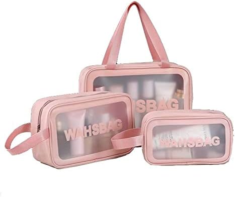3Pcs Cosmetic Bag Vinyl Air Travel Toiletry Bags Bulk, Water Resistant PVC Packing Cubes with Zipper Closure & Carry Handle for Women Baby Men, Make-up brush Case Beach Pool Spa Gym Bag