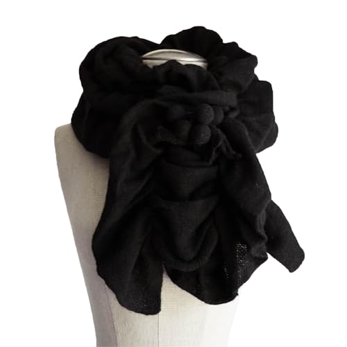 Ruched Wool/Angora Knit stretchable Cold Weather Fashion Scarf with stitched Flower Black3