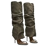 MAIJED Slouchy Knee High Boots for Women Open Toe High Heel Sandals Boots Pull On Long Fashion Stiletto Heeled Boots Green Size US9