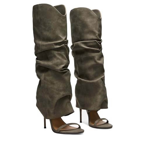 MAIJED Slouchy Knee High Boots for Women Open Toe High Heel Sandals Boots Pull On Long Fashion Stiletto Heeled Boots Green Size US7