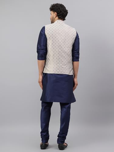 Image of LATEST CHIKAN Men's Silk Blend Kurta Pyjama Set with Jacquard Nehru Jacket - Festive&Wedding-Wear