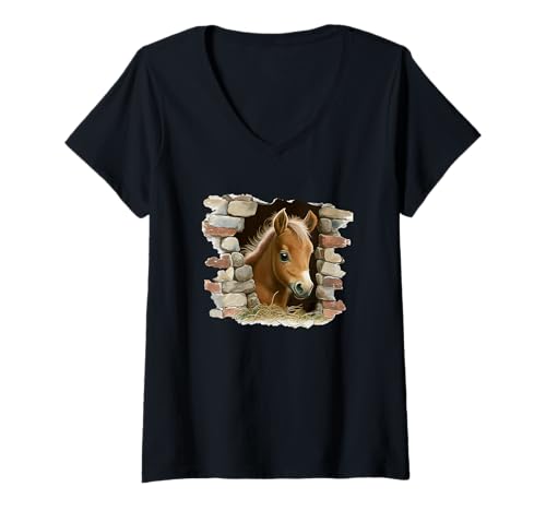 Womens Adorable Pony Peeking Through Brick Wall V-Neck T-Shirt