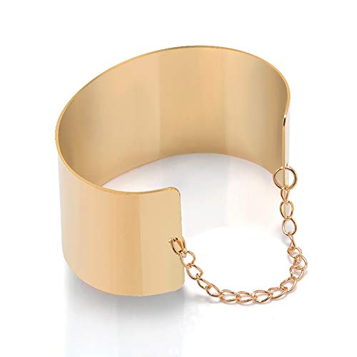 Alloy Adjustable Smooth Open Ended Gold Wide Cuff Bangle Bracelet with Chain4