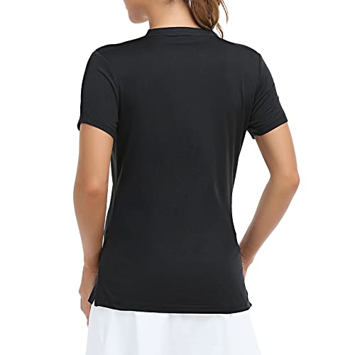 Mier Women's Collarless Polo Shirt Quick Dry Short Sleeve Golf Shirt For Tennis, Athletic, Lightweight V Neck Polo Tshirts, Black, L #TOP4