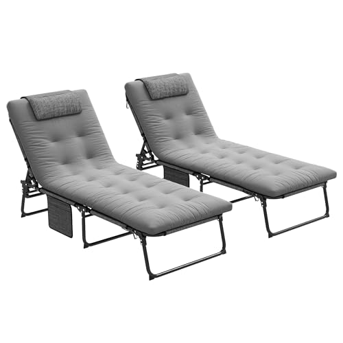 Outsunny Lot de 2 transats Bains de Soleil Pliable avec Dossier inclinable 4 Positions - Appui-tête et Matelas épais Ultra Confortable - Tissu textilène et Acier, Gris