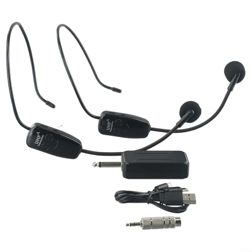 Snowchecking Sistema de micrófono inalámbrico UHF, auriculares duales y micrófono recargable 2 en 1 de mano, con rango de 50 m, antiaullidos, para enseñanza, habla, yoga, podcasting (negro) (U12F)