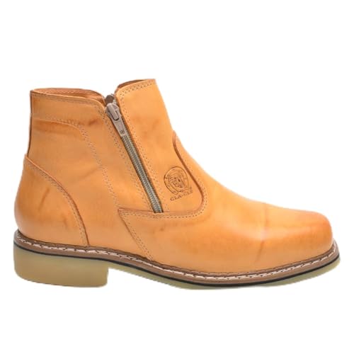 Bota Rústica Masculina em Couro com Zíper Lateral Em Couro Legitímo Cla-Cle (Bege, BR, Adulto, Numérico, 39)
