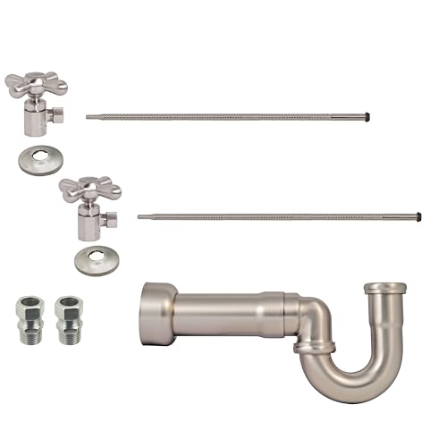 Westbrass D1638L-07 LA-Style Freestanding Lavatory Pedestal Sink Kit with Supply Line Risers, P-Trap, Flanges and Cross Handle Angle Stops, Satin Nickel