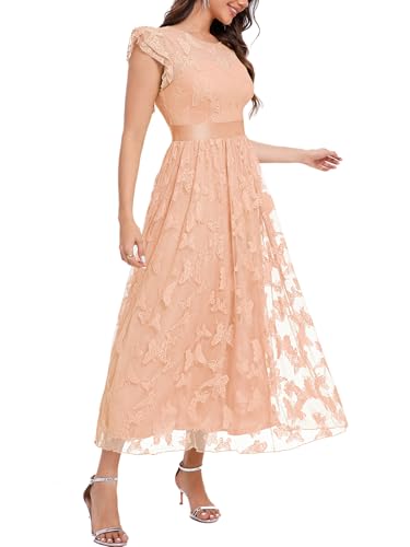 Image of Women's Casual Tulle Midi Dress Ruffle Sleeve Crewneck Lace Flowy Dresses Party Wedding Guest Sundress