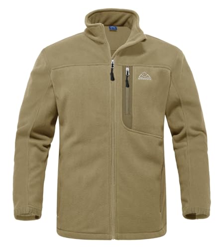 YSENTO Mens Full Zip Micro Fleece Jacket Warm Winter Outdoor Hiking Walking Stand Collar Jacket(Khaki,XL1)