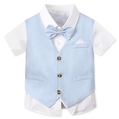 Image of SANGTREE Baby Boy Suit Wedding Ring Bearer Outfits Vest Short Sleeve Bowtie Shirt Suspender Summer Gentleman Shorts Sets