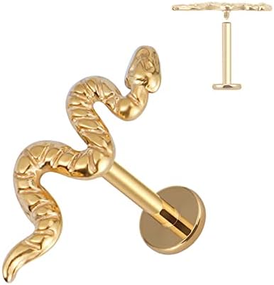 FINE4U 16G Gold Snake Piercing Jewelry for Conch, Tragus, Helix - ASTM F136 Titanium Hypoallergenic Cartilage Earring, Internally Threaded Nickel Free Flat Back Stud, Labret Body Jewelry for Women