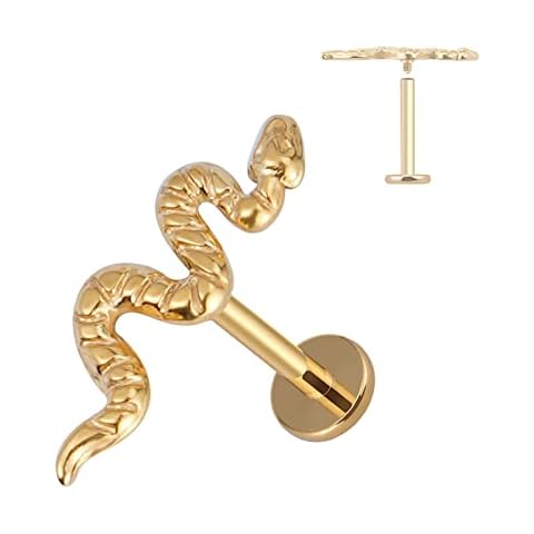 FINE4U 16G Gold Snake Piercing Jewelry for Conch, Tragus, Helix - ASTM F136 Titanium Hypoallergenic Cartilage Earring, Internally Threaded Nickel Free Flat Back Stud Cover