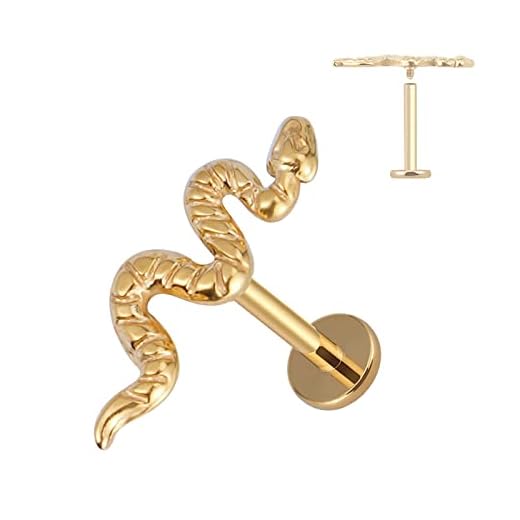 FINE4U 16G Gold Snake Piercing Jewelry for Conch, Tragus, Helix - ASTM F136 Titanium Hypoallergenic Cartilage Earring, Internally Threaded Nickel Free Flat Back Stud, Labret Body Jewelry for Women