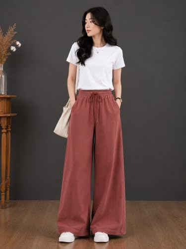 Image of LIRIT Womens Solid Color Wide Leg Trouser Pant with Drawstring Elastic Waist, Relaxed Fit, Full Length, Casual Lounge Palazzo Bottom
