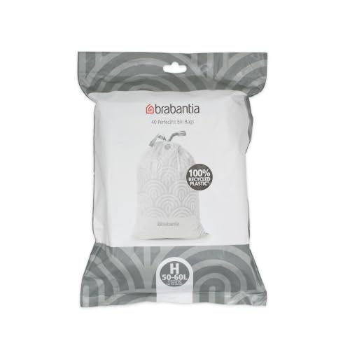 Brabantia PerfectFit Bin Liners (Size H/50-60 Litre) Thick Plastic Trash Bags with Tie Tape Drawstring Handles (40 Bags)