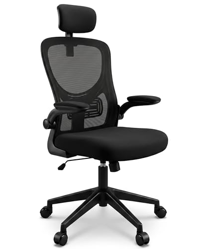 unycos   Silla de Oficina o Escritorio Ergonómica con Reposacabezas y Reposabrazos Abatibles【Soporta hasta 130 kg】 Respaldo con Malla Transpirable, Regulable en Altura, Ruedas Giratorias 360° (Negro)