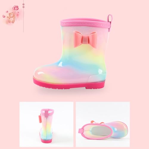 Mnplciea Winter Rainbow Toddler Rain Boots Girls Rain Boots with Warm Lining, Kids Bow Waterproof Boots3