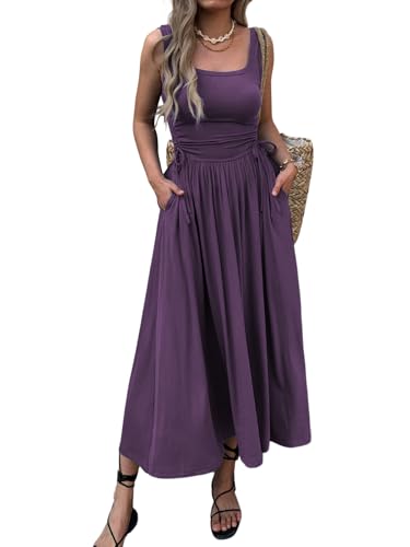 Image of Mieazom Women's Boho Summer Maxi Dress with Pockets, Adjustable Waist, Sleeveless Casual Ruched Sundress for Beach Vacation