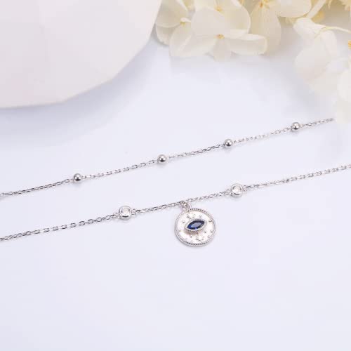 Evil Eye Dark Blue Round Anklet 925 Sterling Silver Boho Adjustable Layered Dainty Beach Foot Ankle Bracelet Jewelry For Women 10 Inches #TOP5
