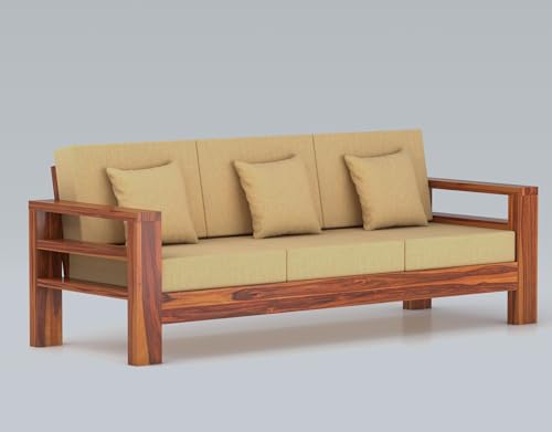 Image of Furniture Solid Sheesham Wood 3 Seater Sofa Set | Multipurpose Wooden Three Seater Lounge Sofa Set Furniture for Living Room, Home and Office (Honey Finish)