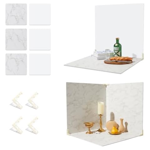 BEIYANG Food Photography Backdrops 24x24 Inch Marble Photo Backdrop Boards 3PCS White Photography Backdrop Boards with 3 Bracket Kits Soild Board Waterproof Backdrop for Food Photography Cover