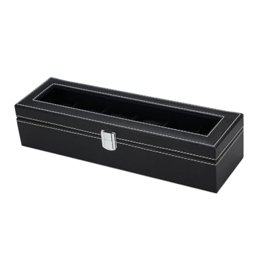 Image of Watch Box Organizer for Men and Women, 6 Slots, Leatherette, Black, Gift Box