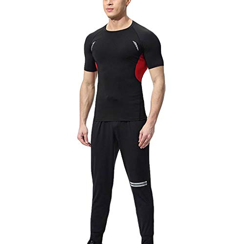 Rikay Mens Fitness Kits Tops and Shorts Set Elasticated Waist Exercise Fitness Workout Sports Compression Tights Red