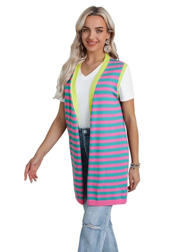 Dresswel Women's Color Block Striped Kimono Cardigan Vest Sleeveless Open Front Colorful Duster Sweater Soft Knit Long Vest3