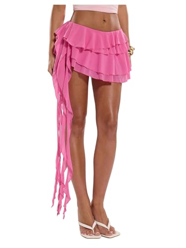SOLY HUX Women's Ruffle Mini Skirt Y2k Low Rise Layered Asymmetrical Summer Party Going Out Skirts