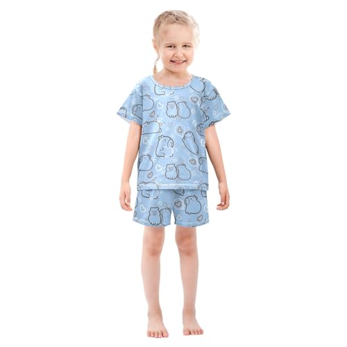 Cute Capybara with Hearts Blue Summer Cute Pajama Sets, Short Sets for Daily Wears and Sleep Wears3