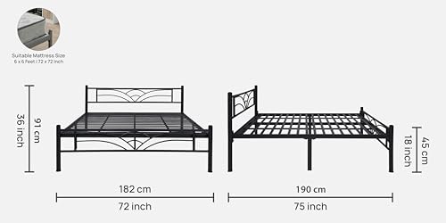 Image of Zyra Metal King Size Bed Without Storage | Wrought Iron Double Bed with Headboard & Footboard | Sturdy Powder Coated Platform Bed King Size Cot for BedroomLivingRoom Black (75x72)
