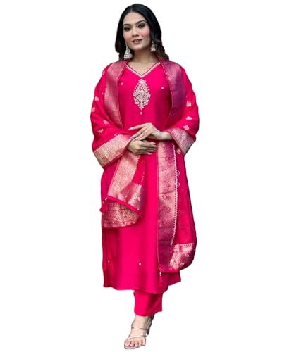 Women's Silk Blend Embroidered Straight Kurta with Trousers and Dupatta