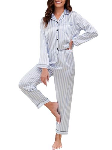 Reliwel Satin Schlafanzug Damen Langarm Pyjama Set mit Knopfleiste V-Ausschnitt Zweiteiliger Nachtwäsche Weiche Seiden Pyjamas Klassische Loungewear...