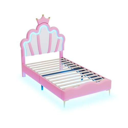 Miniatura 8 de Vivca Cama De Princesa 90 X 200 Cm, Forma De Corona, Acolchado Suave De Piel Sintética, Tira De Luz Led Ajustable, Color Rosa