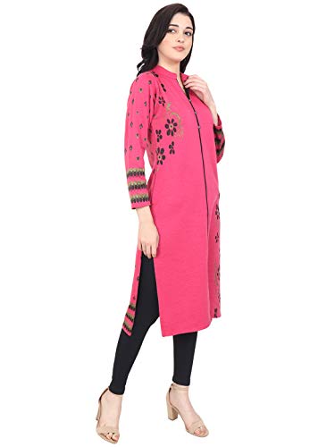 Image of Rosary Women's Winter Wear Jacquard Woolen Straight Kurti with 2 Side Pockets,RZ017HOTPINK-M