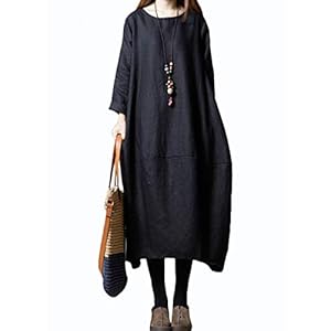 Yino Women’s Dress, Long Sleeves, Spring, Summer, Autumn, Winter, Long Dress, Tunic, Maxi Length, Tops, Large Size, Loose, Cotton Linen, Body Cover, Slender, Stylish, Travel, New 8 Colors